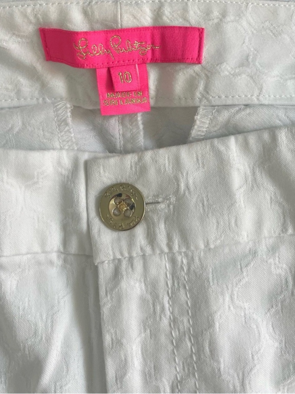 Lilly Pulitzer White Textured Skirt with Pink Label and Gold Button
